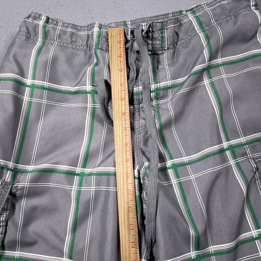 Ocean Pacific Plaid Board Shorts Men Medium Grey Green Cargo Swim Trunks Vintage - Picture 5 of 9